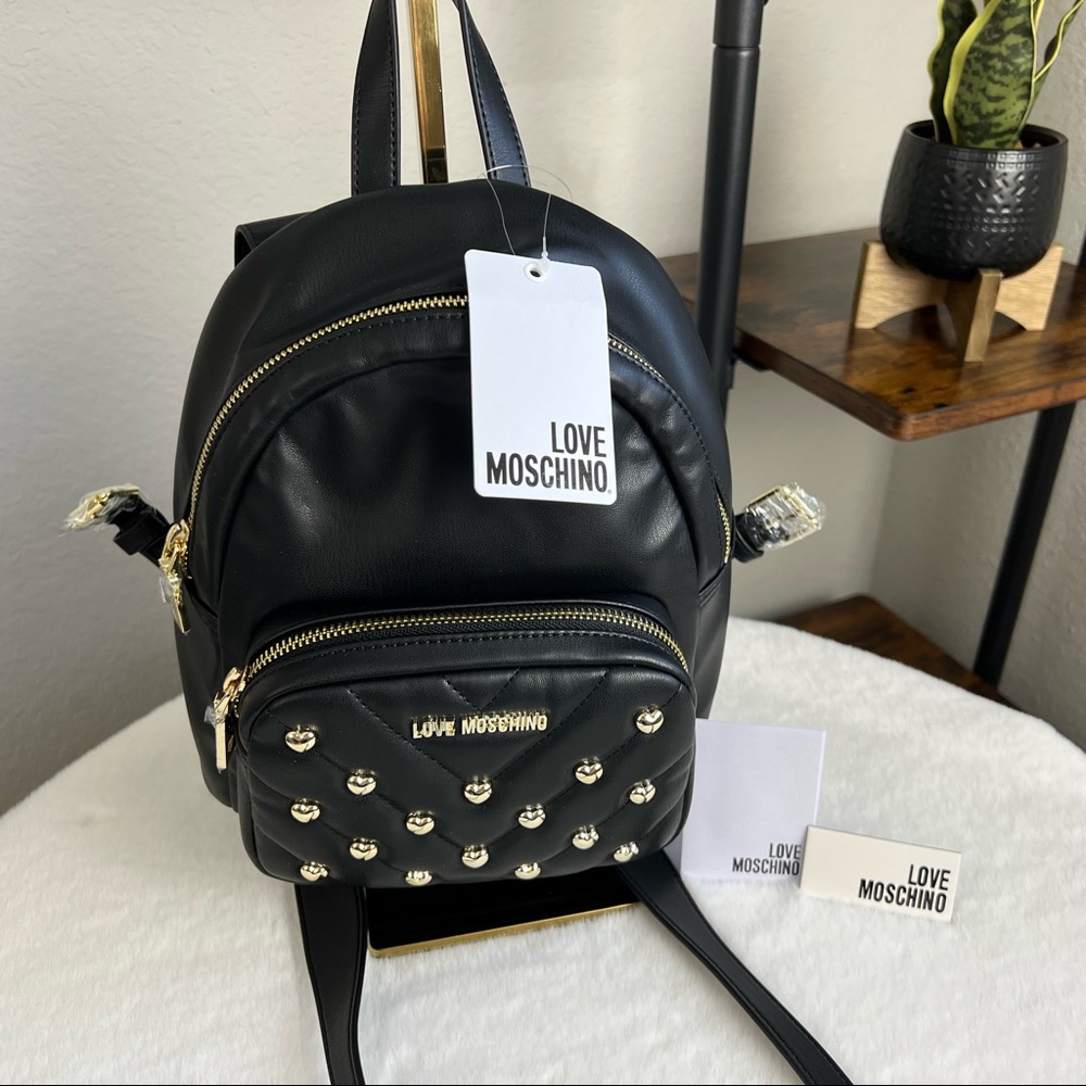 NWT Love Moschino Black Mini Backpack Gold Heart Studs Logo Borsa Pu Nero Bag